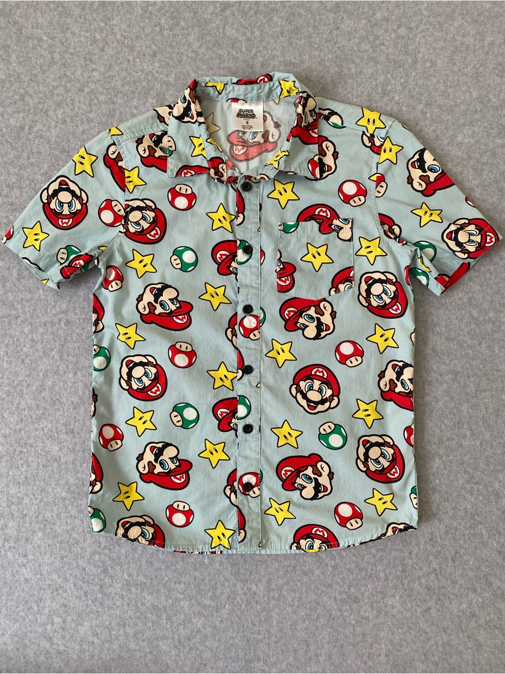 Boys Super Mario Short Sleeve Button Down Shirt Size 8 Blue